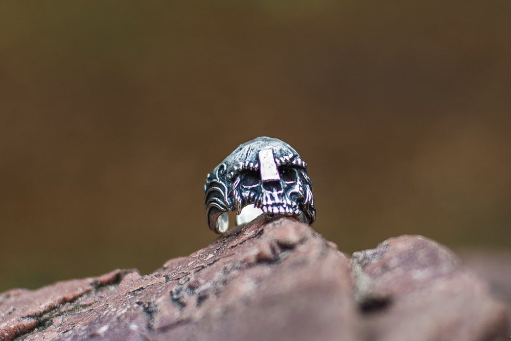 Skull with Helmet Sterling Silver Unique Ring Biker Jewelry-2