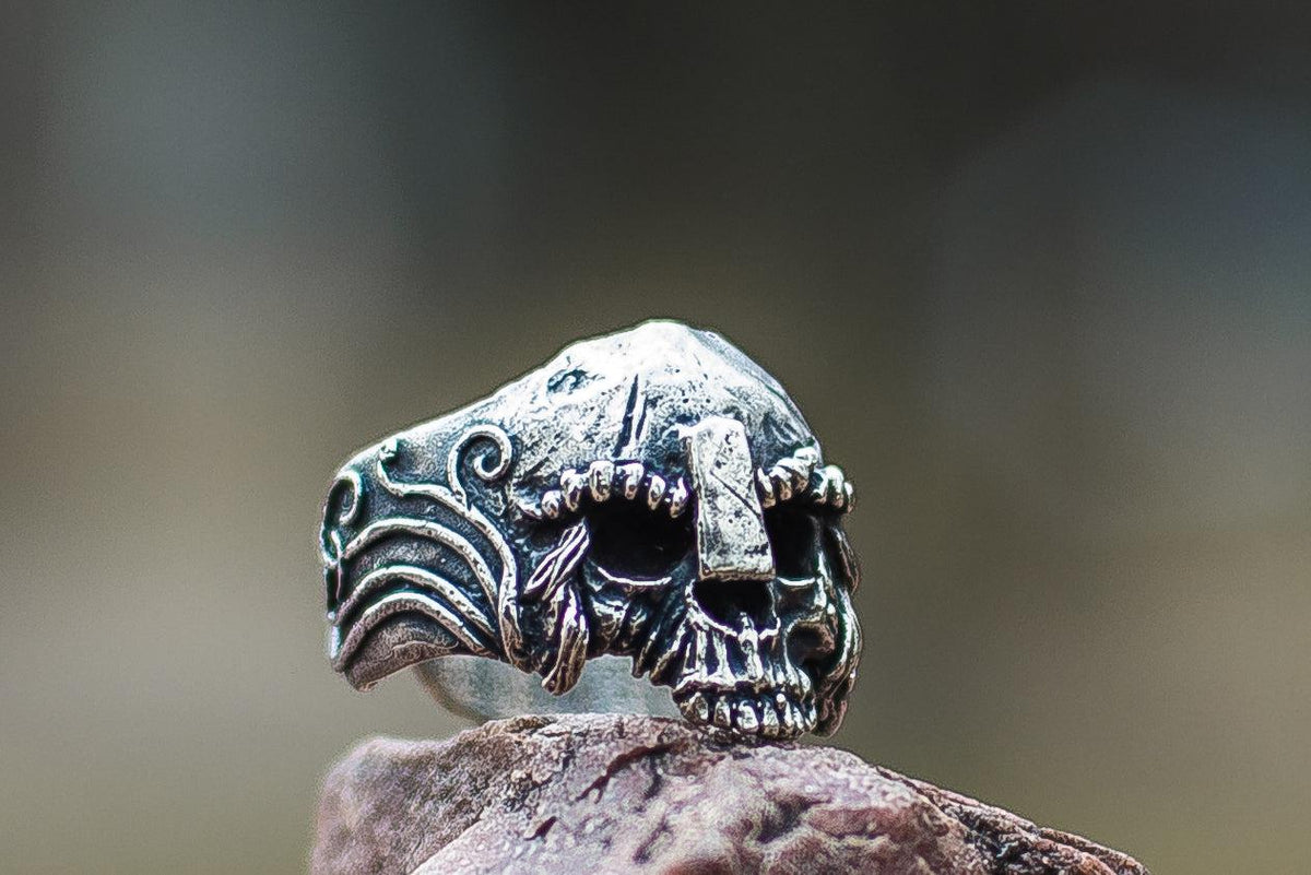 Skull with Helmet Sterling Silver Unique Ring Biker Jewelry-3