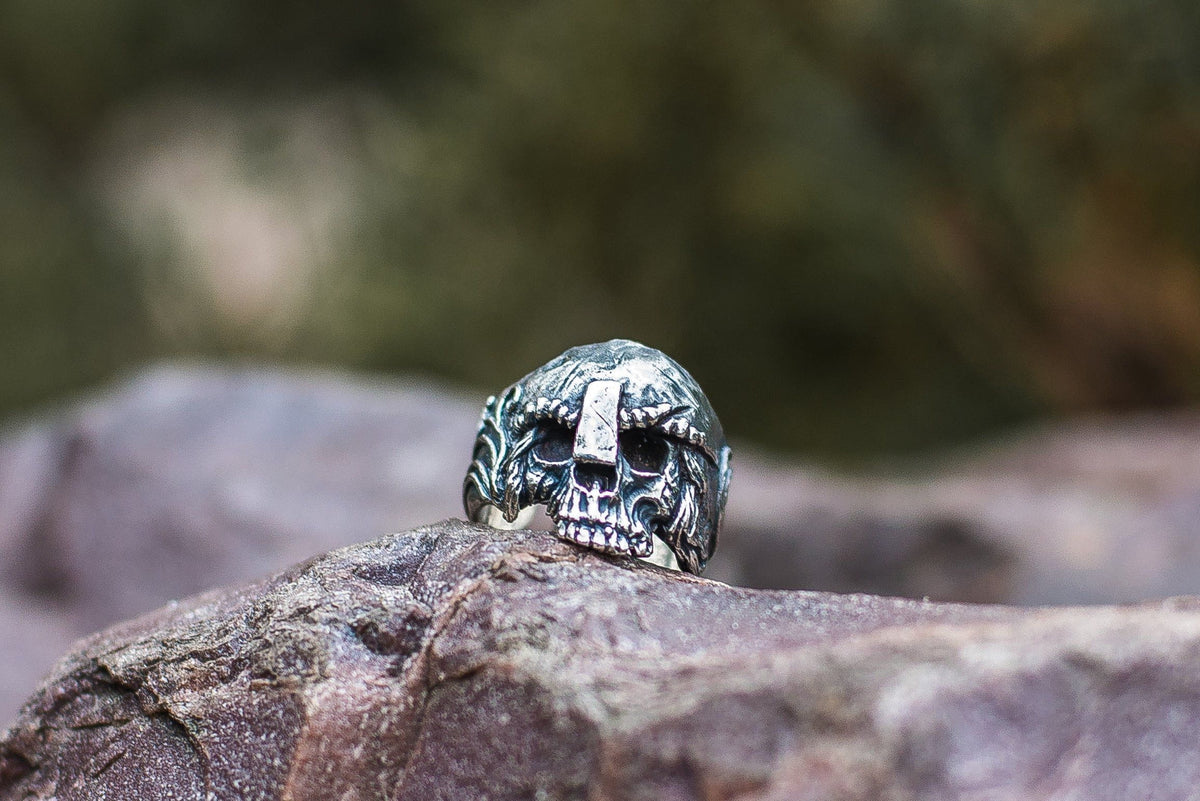 Skull with Helmet Sterling Silver Unique Ring Biker Jewelry-4