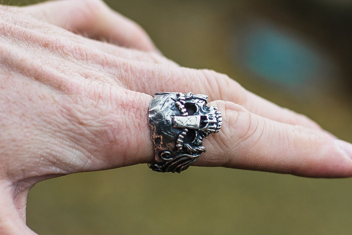 Skull with Helmet Sterling Silver Unique Ring Biker Jewelry-5