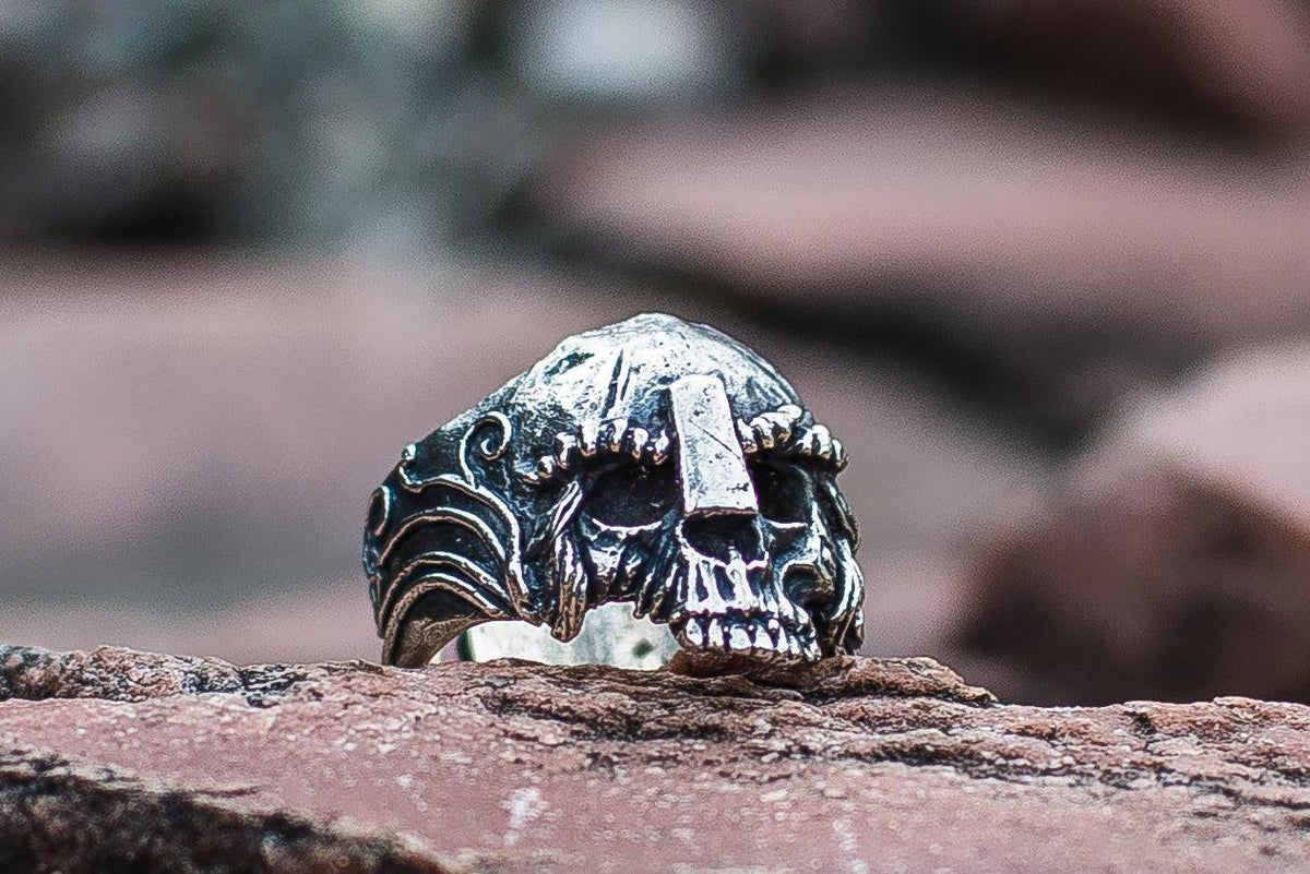 Skull with Helmet Sterling Silver Unique Ring Biker Jewelry-6