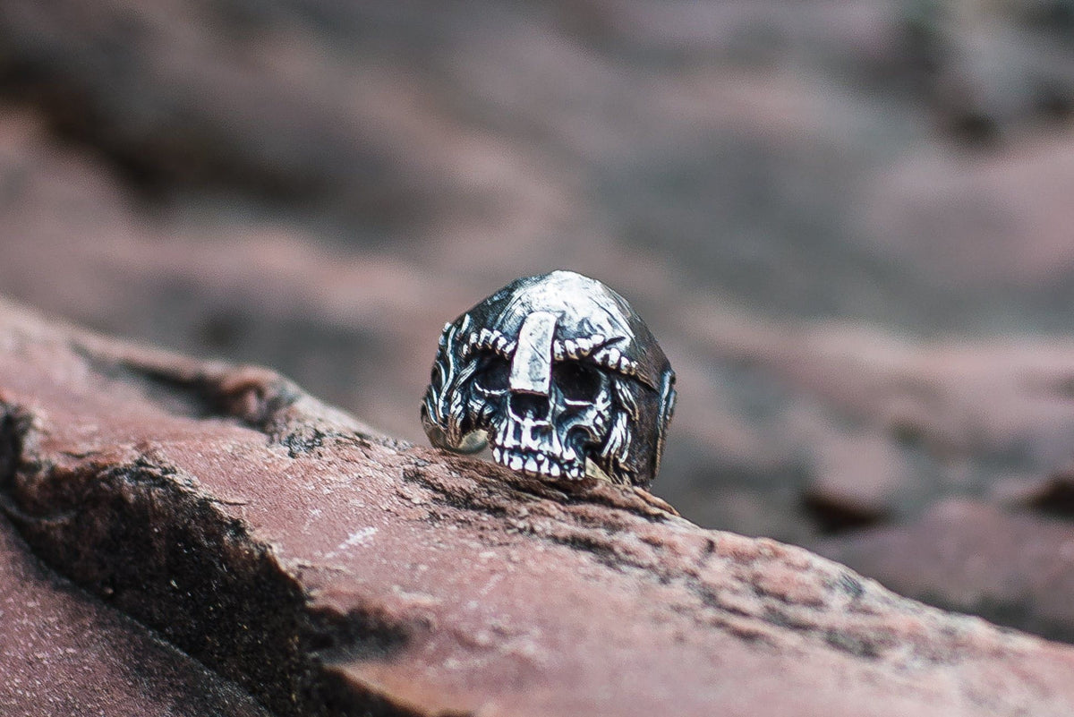 Skull with Helmet Sterling Silver Unique Ring Biker Jewelry-7