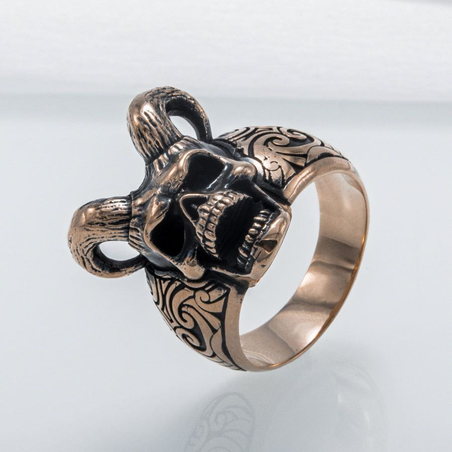 Skull with Horns Ring Bronze Handmade Jewelry-1