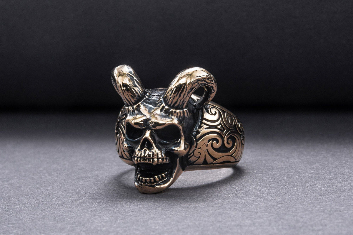 Skull with Horns Ring Bronze Handmade Jewelry-2