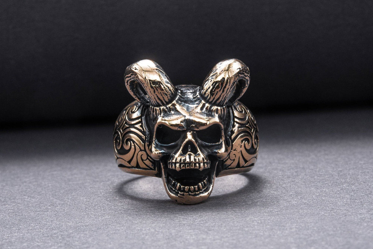 Skull with Horns Ring Bronze Handmade Jewelry-3
