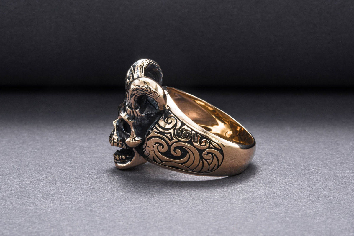 Skull with Horns Ring Bronze Handmade Jewelry-4