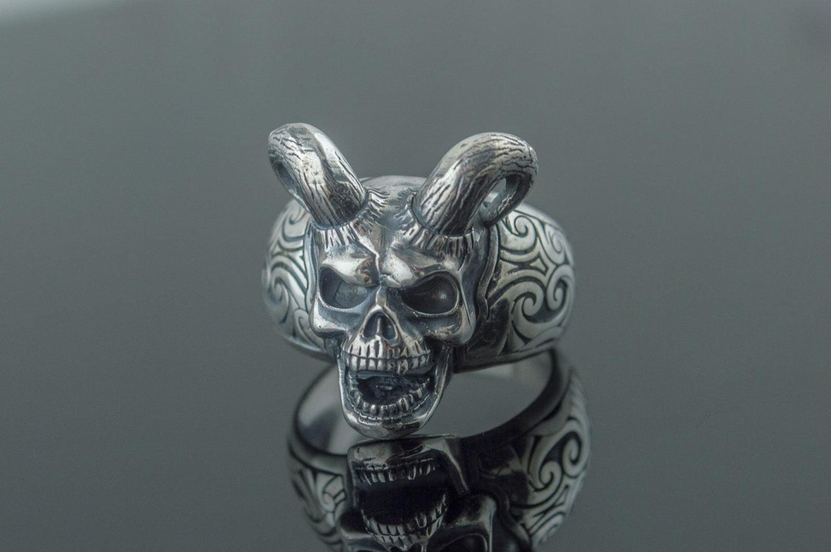 Skull with Horns Ring Sterling Silver Handmade Jewelry-1
