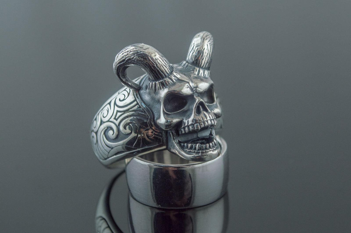 Skull with Horns Ring Sterling Silver Handmade Jewelry-2