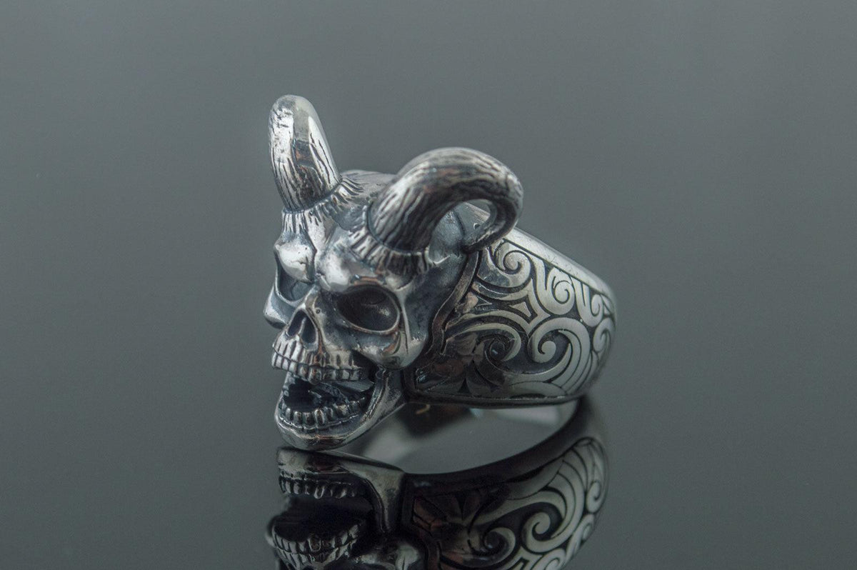 Skull with Horns Ring Sterling Silver Handmade Jewelry-3