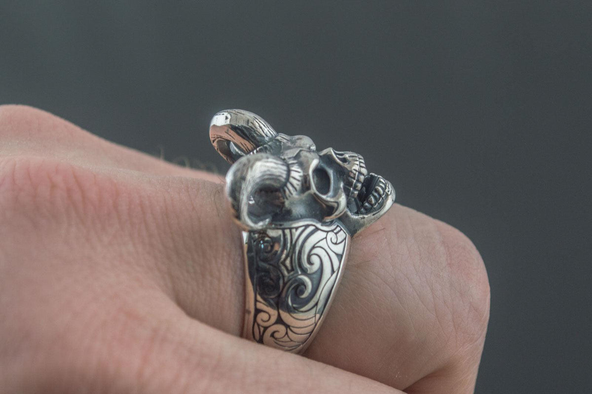 Skull with Horns Ring Sterling Silver Handmade Jewelry-4