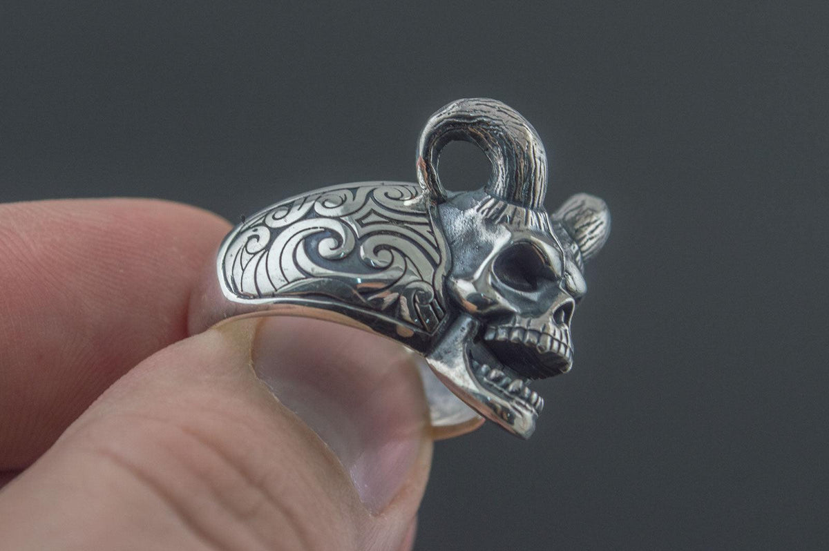 Skull with Horns Ring Sterling Silver Handmade Jewelry-5
