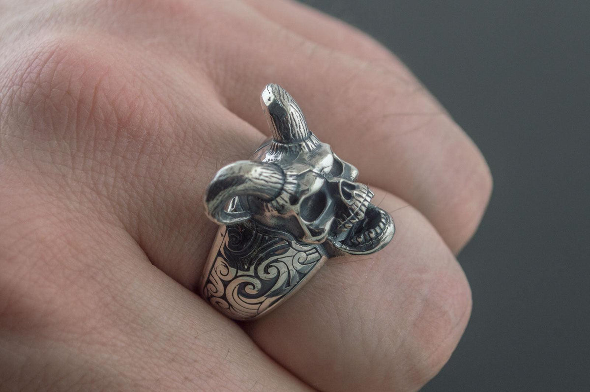 Skull with Horns Ring Sterling Silver Handmade Jewelry-6