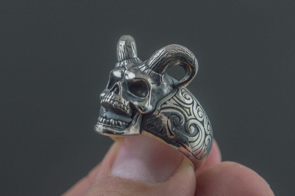 Skull with Horns Ring Sterling Silver Handmade Jewelry-7