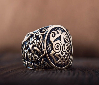 Sleipnir Ring with Mammen Ornament Bronze Unique Jewelry-1
