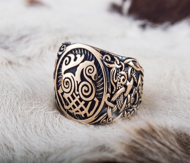 Sleipnir Ring with Mammen Ornament Bronze Unique Jewelry-3