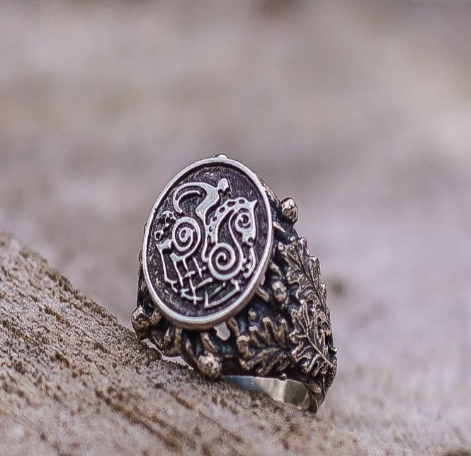 Sleipnir with Oak Leaves and Acorns Sterling Silver Viking Ring-1