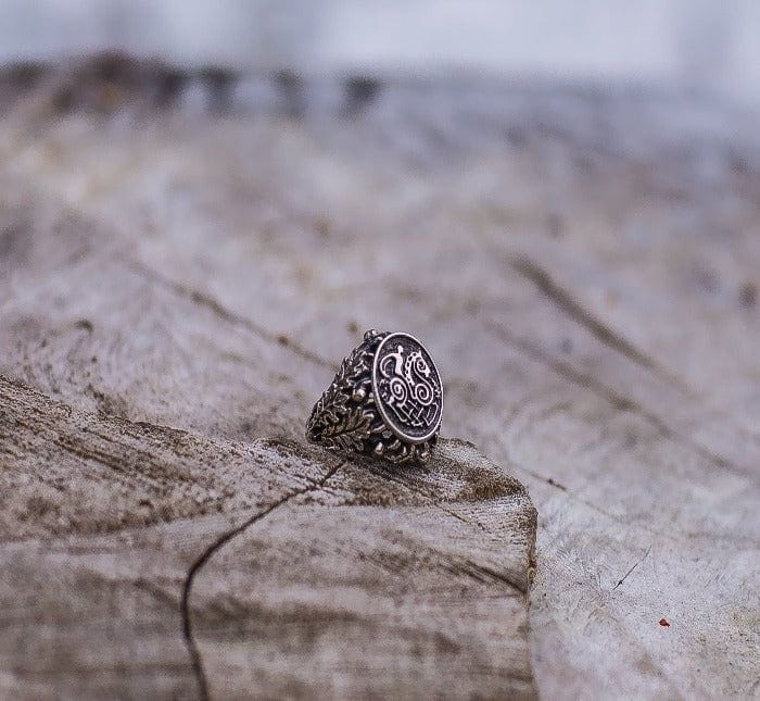 Sleipnir with Oak Leaves and Acorns Sterling Silver Viking Ring-3