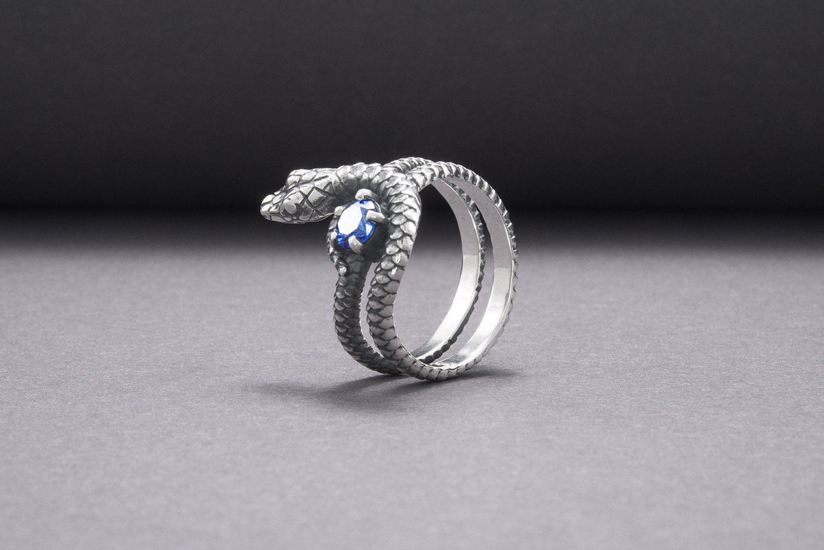 Snake Minimalistic 925 Silver Ring With Blue Gem, Handcrafted Jewelry-10