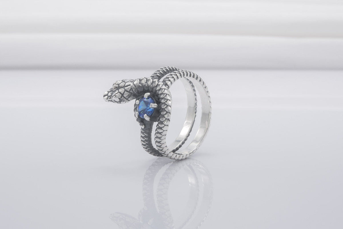 Snake Minimalistic 925 Silver Ring With Blue Gem, Handcrafted Jewelry-1