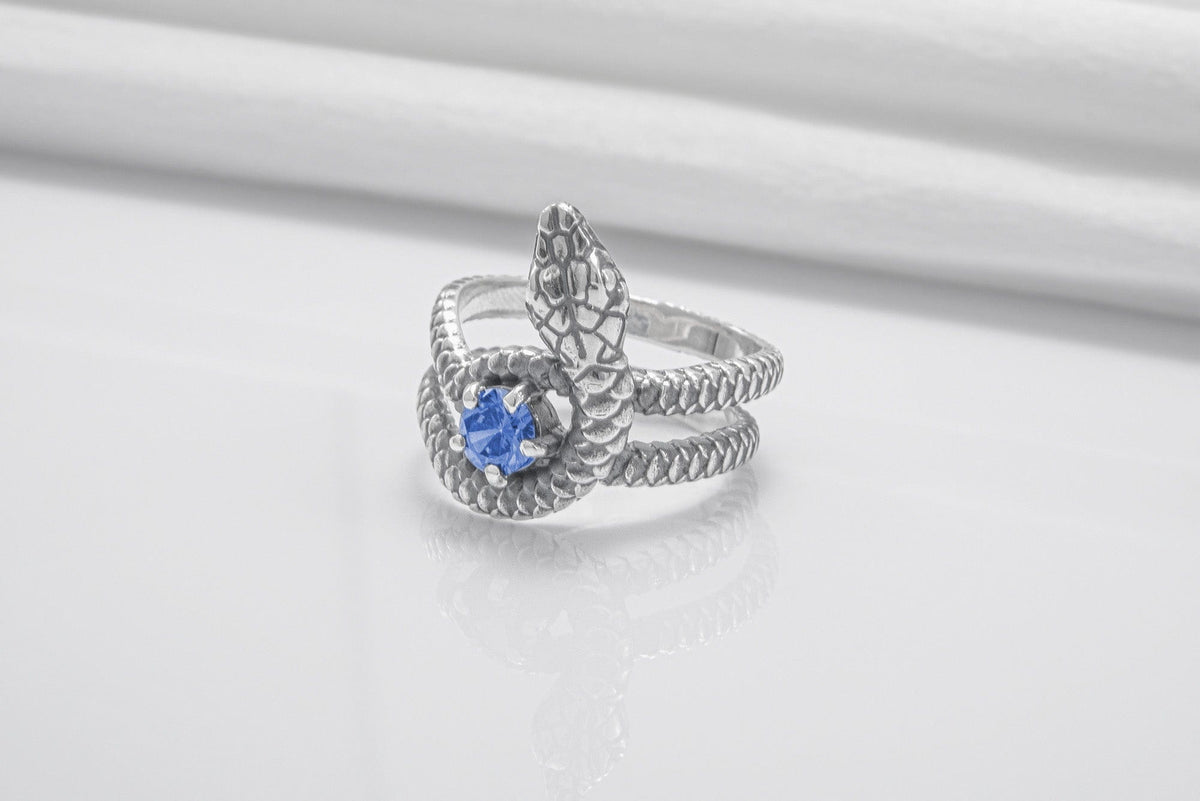 Snake Minimalistic 925 Silver Ring With Blue Gem, Handcrafted Jewelry-2