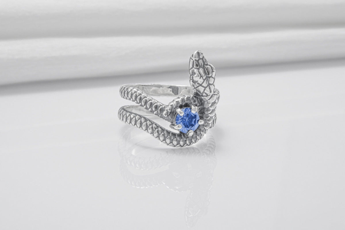 Snake Minimalistic 925 Silver Ring With Blue Gem, Handcrafted Jewelry-3