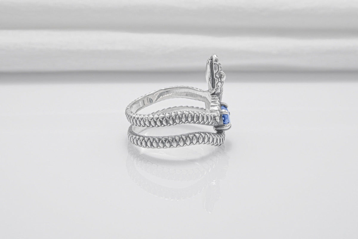 Snake Minimalistic 925 Silver Ring With Blue Gem, Handcrafted Jewelry-4