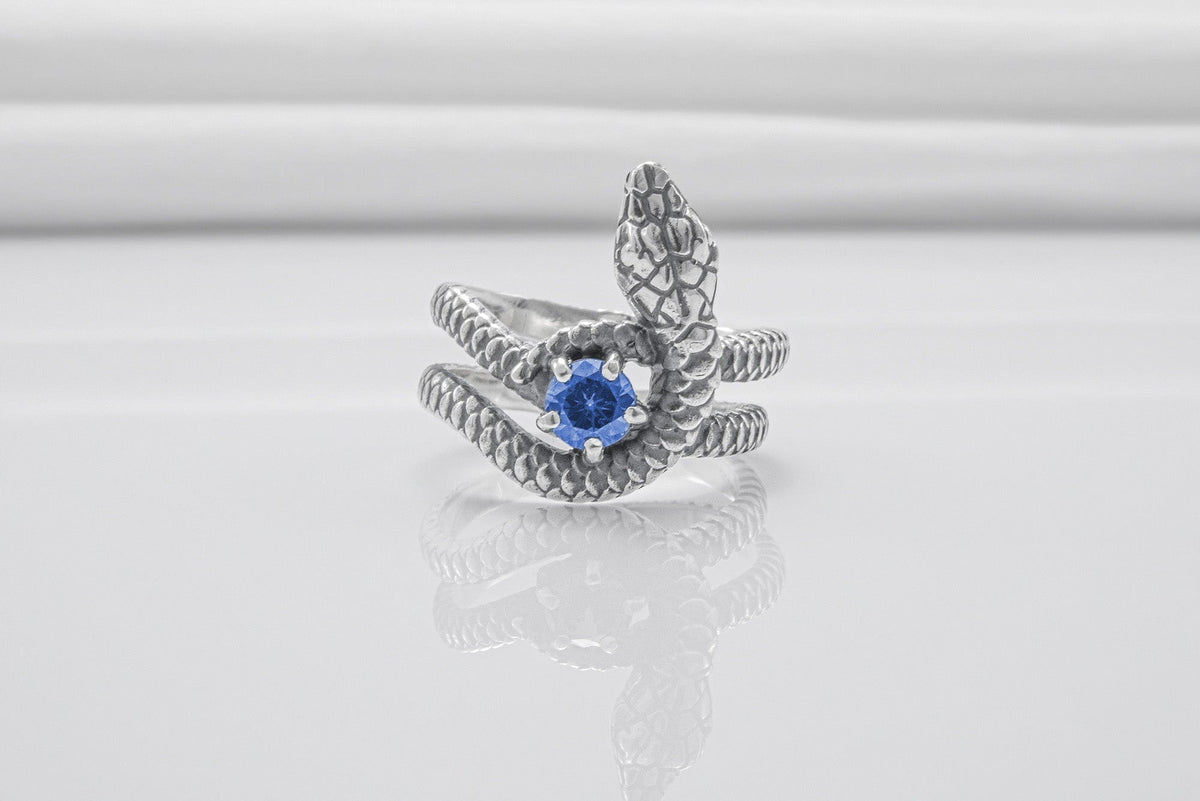 Snake Minimalistic 925 Silver Ring With Blue Gem, Handcrafted Jewelry-6