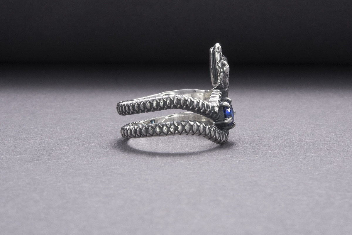 Snake Minimalistic 925 Silver Ring With Blue Gem, Handcrafted Jewelry-7