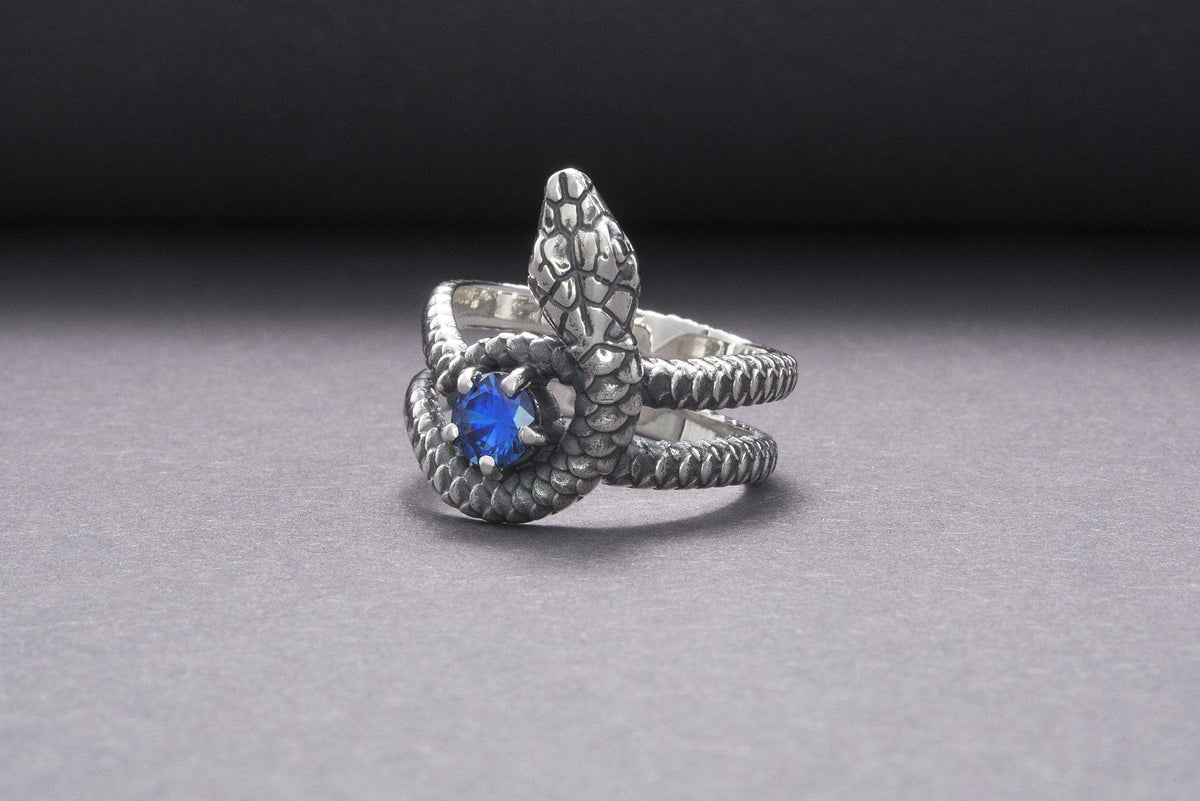 Snake Minimalistic 925 Silver Ring With Blue Gem, Handcrafted Jewelry-8