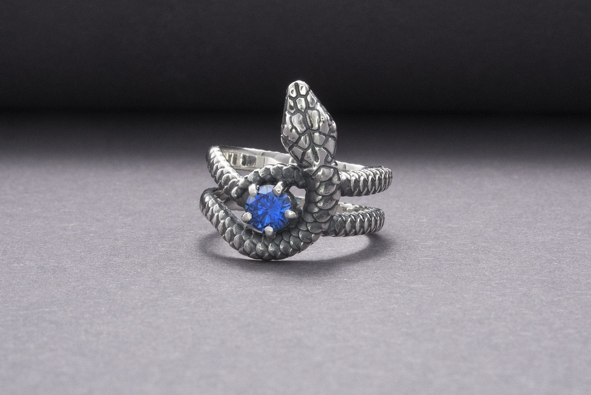 Snake Minimalistic 925 Silver Ring With Blue Gem, Handcrafted Jewelry-9