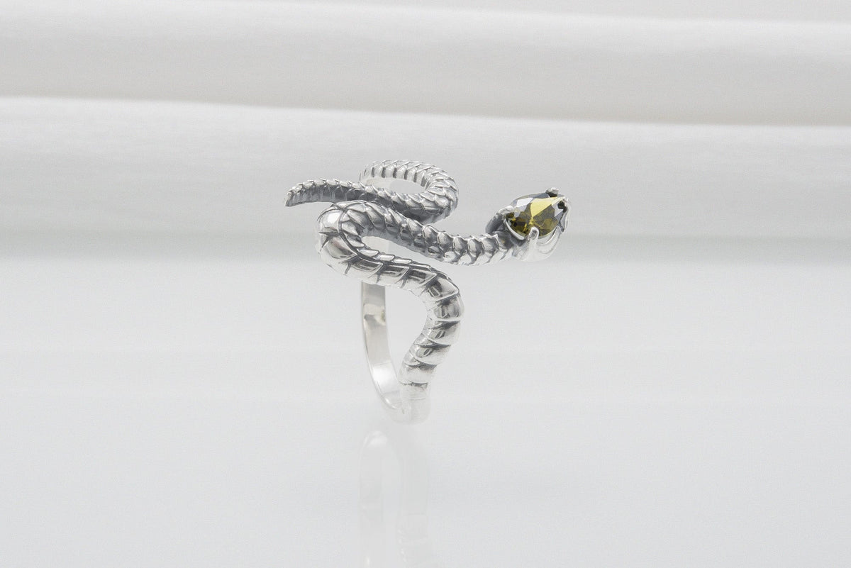 Snake Minimalistic 925 Silver Ring With Yellow Gem, Handcrafted Jewelry-1