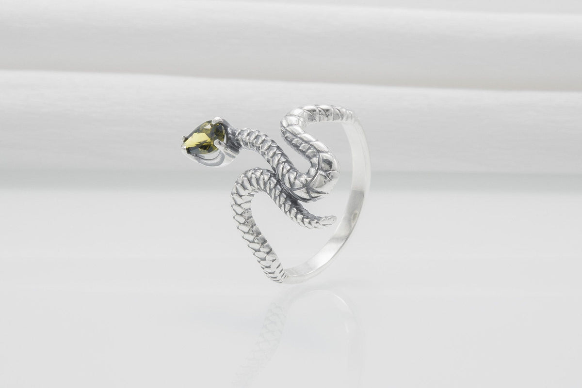Snake Minimalistic 925 Silver Ring With Yellow Gem, Handcrafted Jewelry-2