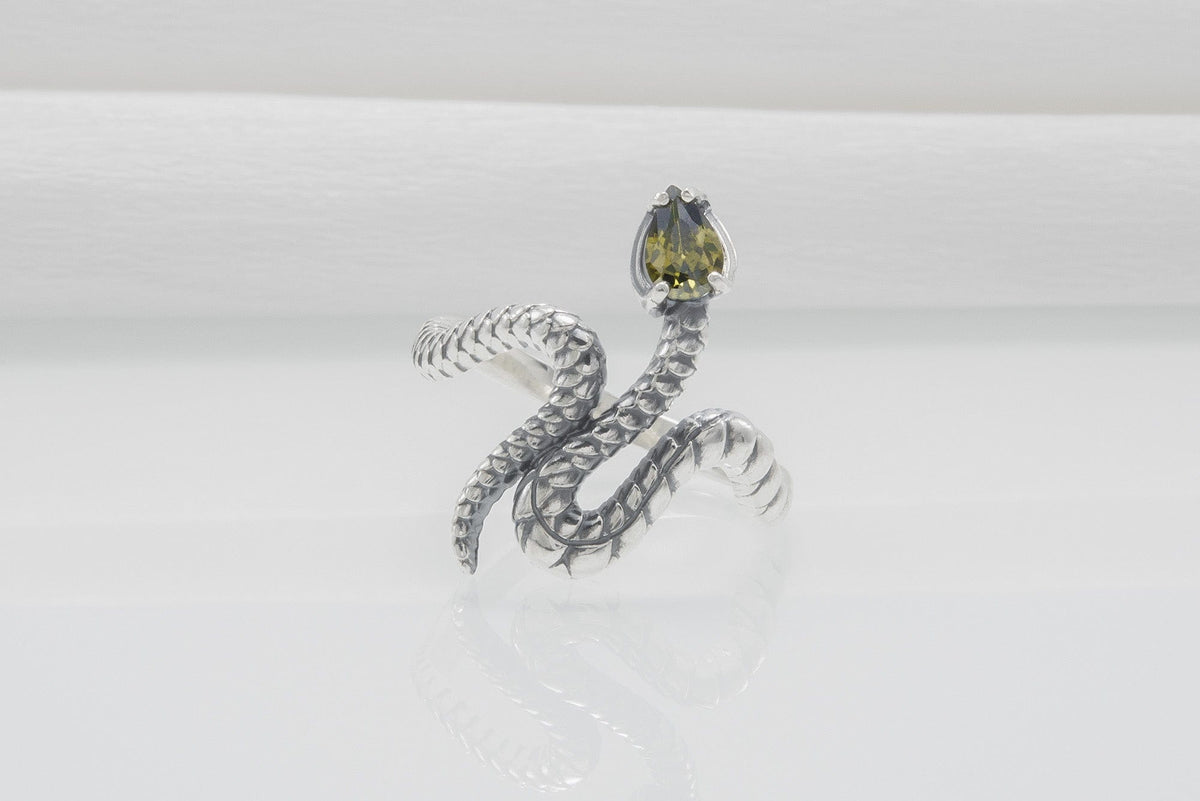 Snake Minimalistic 925 Silver Ring With Yellow Gem, Handcrafted Jewelry-3
