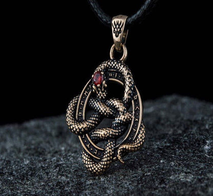 Snake Pendant with Runes and Red Cubic Zirconia Bronze Norse Jewelry-1