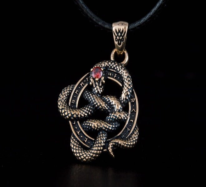 Snake Pendant with Runes and Red Cubic Zirconia Bronze Norse Jewelry-3