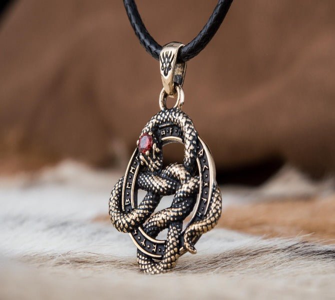 Snake Pendant with Runes and Red Cubic Zirconia Bronze Norse Jewelry-4