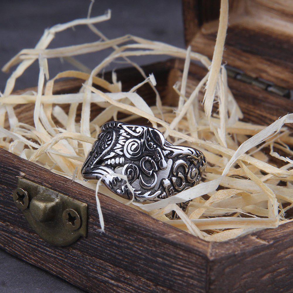 Stainless Steel Odin Nordic Viking Wolf Ring