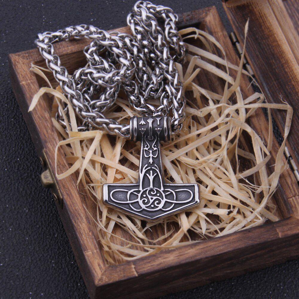 Steel and Gold Delicate Triskele Knotwork Thor&#39;s Hammer Mjolnir Necklace