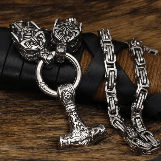 Viking Jewelry Fenrir Sun-Eater Wolf of Ragnarok Mjolnir King’s Chain
