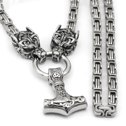 Viking Jewelry Fenrir Sun-Eater Wolf of Ragnarok Mjolnir King’s Chain