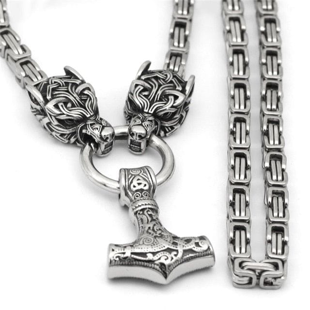 Viking Jewelry Fenrir Sun-Eater Wolf of Ragnarok Mjolnir King’s Chain