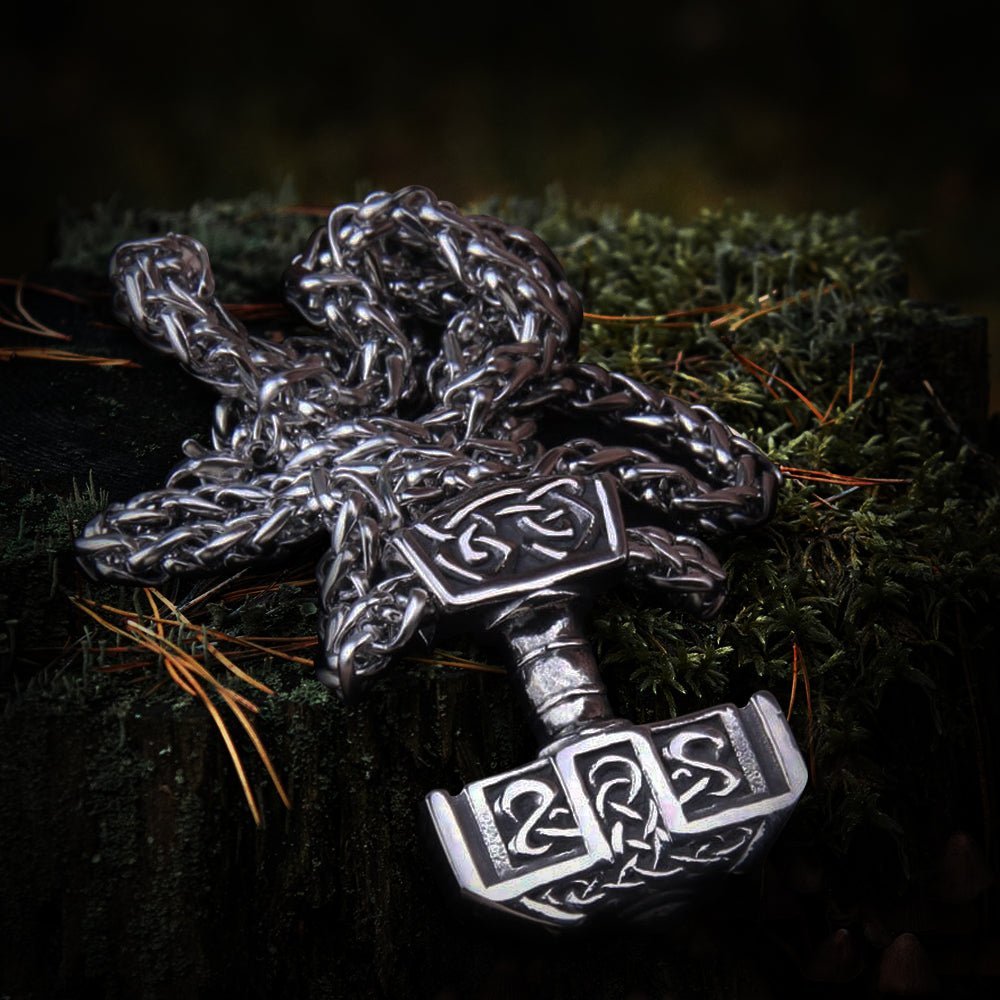 Steel Knotwork Heavy Thor&#39;s Hammer Mjolnir Pendant Necklace