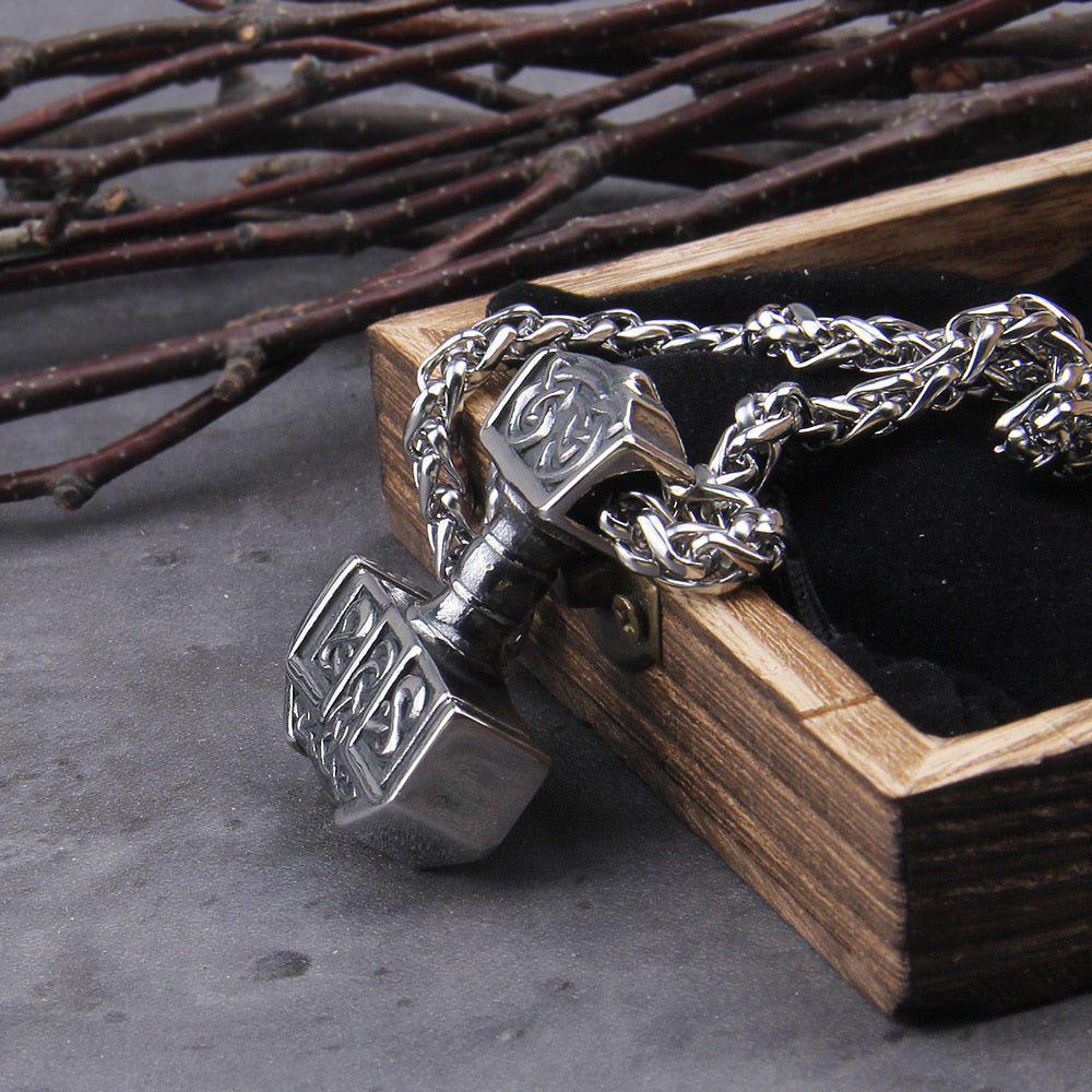Steel Knotwork Heavy Thor&#39;s Hammer Mjolnir Pendant Necklace