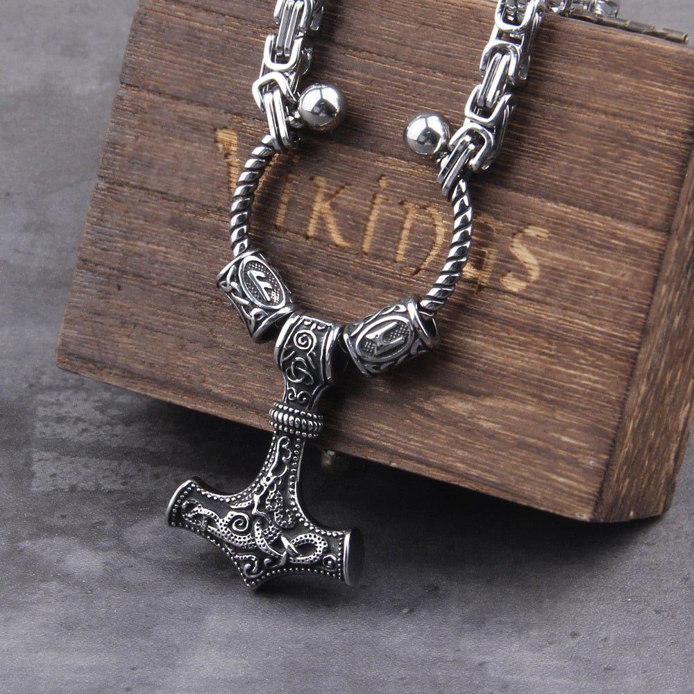 Steel Mjolnir Futhark Rune Bead King's Chain