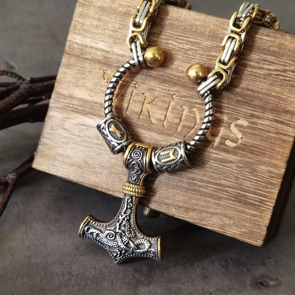 Steel Mjolnir Futhark Rune Bead King's Chain