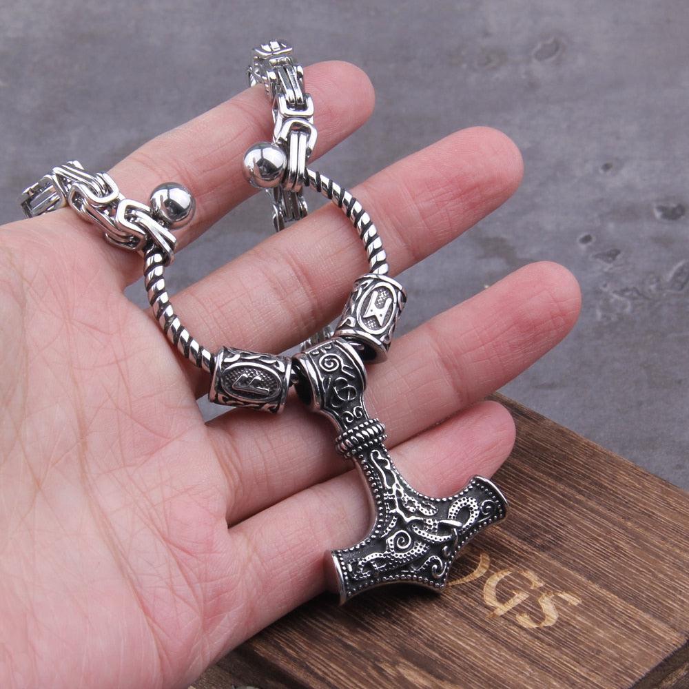 Steel Mjolnir Futhark Rune Bead King's Chain