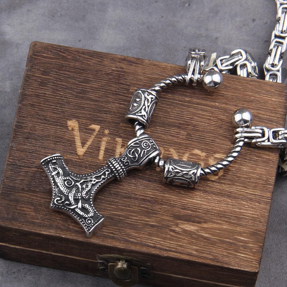 Steel Mjolnir Futhark Rune Bead King's Chain
