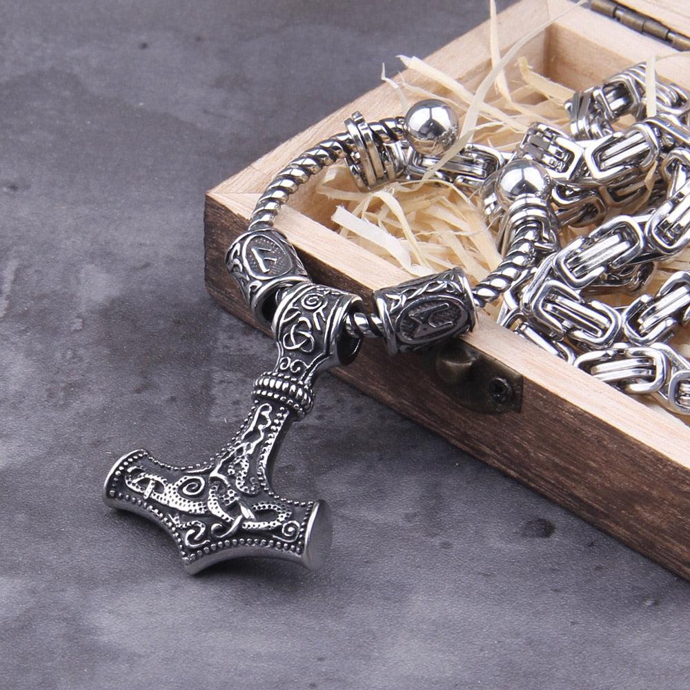 Steel Mjolnir Futhark Rune Bead King's Chain