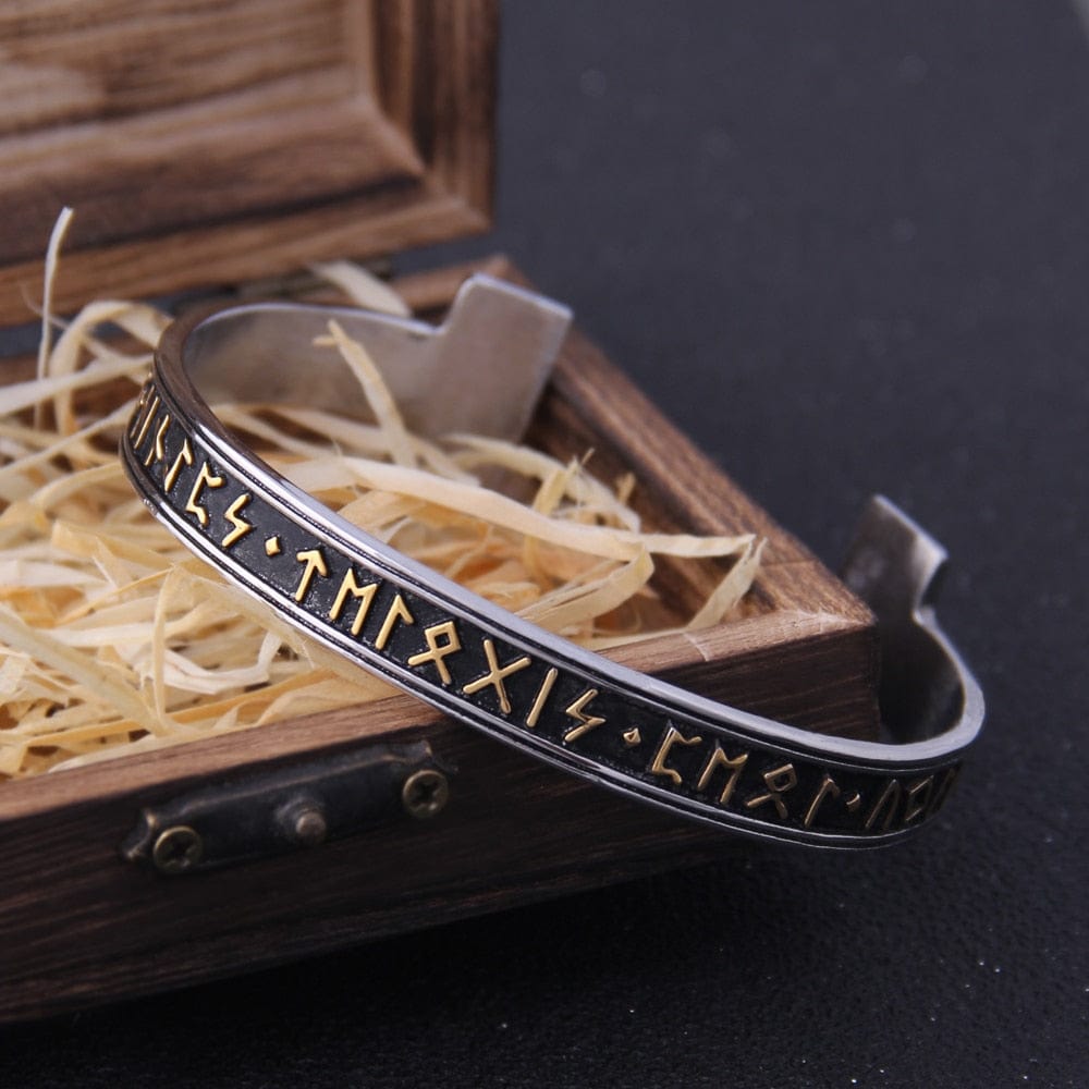 Steel Stamped Futhark Rune Bangle Bracelet in Box