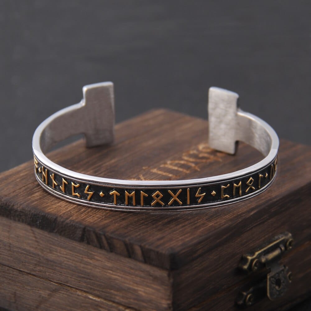 Steel Stamped Futhark Rune Bangle Bracelet